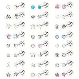 TEMU 24쌍 여성용 스크류인 귀걸이 수술용 스테인리스 스틸 하이포알러제닉 연골 스터드 소형 화이트 스톤 CZ 플랫 백 피어싱 주얼리 세트 멀티컬러|피어싱