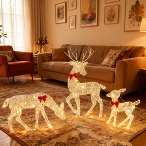 TEMU 흰색 털실 세 마리의 사슴이 있는 장식, 다양한 유형의 집에 적합한 LED 조명 장식, 축제 선물로 완벽합니다.