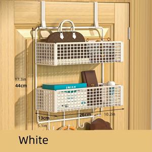 TEMU 문 뒤 철제 수납 선반 (5개 후크 포함) - 드릴 없이 설치 가능한 수납 랙, 침실 문 뒤, 현관 벽면 설치형 사이드 캐비닛, 2단 메시 바구니 포함, 욕실 및 침실에 적합한 공간 절약형 걸이형 정리함|욕실선반|다리미|화장실선반