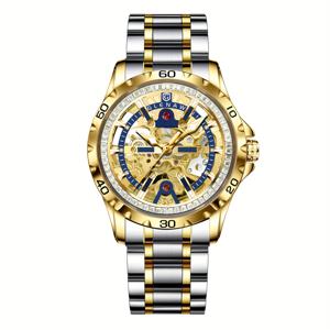 TEMU 남성용 자동 시계, 라인스톤 링 블루 라운드 프레임 스테인리스 스트랩 스켈레턴 기계식 워치