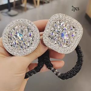 TEMU 2팩 럭셔리 라인스톤 헤어 타이 - 기하학적 사각형 & 원형 디자인, 반짝이는 스톤, 화이트/블랙 고무줄 머리띠, 여성용 생일 선물, 귀여운 헤어 액세서리, 특별한 날을 위한 우아한 디자인, 내구성 있는 아트워크