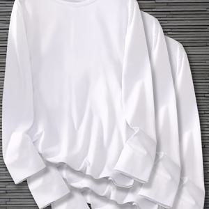 TEMU 3pcs 여성용 캐주얼 롱 슬리브 라운드 넥 티셔츠 - 부드러운 미디엄 스트레치 원단, 세탁기 사용 가능, 솔리드 화이트, 가을/겨울 레이어링용 레귤러 핏, 퍼프 소매, 비침 방지 소재