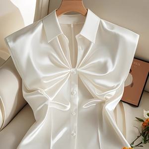 TEMU 프렌치 스타일 V넥 플리츠 리본 블라우스 여성용 민소매 크롭탑 여름 순수한 욕망 허리라인 강조 스타일리시 탑|반팔블라우스