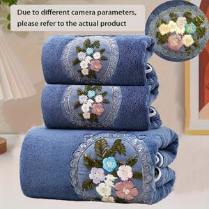 TEMU 3개입 자수 플로럴 수건 세트, 수건 2개 및 목욕 수건 1개, 부드럽고 흡수성이 뛰어난 가정용 목욕 수건, 욕실 목욕 수건, 얼굴 수건, 워시클로스, 부드럽고 피부 친화적이며 가정용, 목욕, 해변 목욕 수건에 적합.