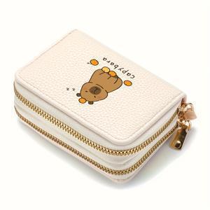 TEMU DEABOLAR 귀여운 오렌지색 카피바라 프린트 더블 지퍼 지갑 1개 - 남성용 컴팩트 카드 홀더, 현금, 신분증, 신용카드 보관 가능 - 내구성 있는 블랙 인조 가죽 디자인, 가족 및 친구를 위한 완벽한 선물, 선물용 지갑 | 연두색 지갑 | 내구성 있는 지퍼 클로저, 귀여운 지갑