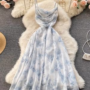 TEMU 여성용 우아한 꽃무늬 맥시 드레스 - 섹시한 러치드 백리스 디자인, 연한 파란색 꽃무늬, 민소매 스파게티 스트랩, 여름 해변 휴가 및 파티에 완벽, 비치 드레스