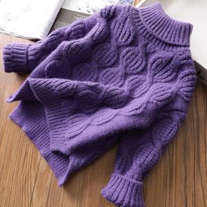 TEMU 소녀용 겨울 니트 스웨터 - 두꺼운 따뜻한 하이넥 긴팔, 신축성 있는 루즈핏 단색 풀오버, 유아 및 어린이용, 손세탁 전용, 비대칭 니트웨어, 리브드 질감