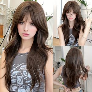 TEMU 여성을 위한 NAMM 롱 웨이브 브라운 가발, 데일리 파티에 적합, 푹신한 헤어밴드가 있는 합성 가발, 내열성, 22인치 길이.