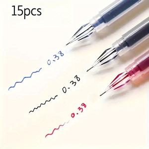 TEMU 15개 팁 젤 펜 팩, 0.38mm 미세 팁, 대용량, 부드러운 필기, 사무실 및 학교 사용에 적합, 0.38mm 펜, 삼색 볼펜, 학교 용품, 문구류, 필기용 펜