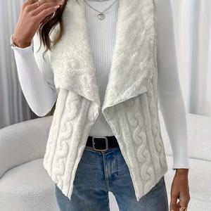 TEMU 여성용 시크한 민소매 인조 퍼 조끼, 비대칭 넥라인 & S자형 질감 - 블랙, 화이트 리브드 롱슬리브 탑, 블루 진, 브라운 벨트 - 스타일리시 가을/겨울 레이어링 피스, 겨울 레이어링 조끼 | 비대칭 넥라인 조끼 | S자형 질감 조끼