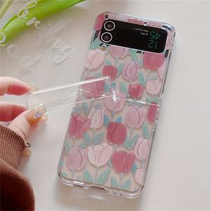 TEMU INS 우아한 핑크 튤립 꽃무늬 투명 폰 케이스, 삼성 갤럭시 Z 플립 모델 7, 6, 5, 4, 3 - 풀 스크린 접이식 뒷커버