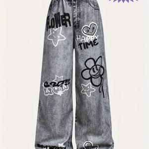 TEMU 여아용 Y2 스트리트 스타일 인조 데님 와이드 레그 팬츠 - 루즈핏 탄력성 허리밴드, 플로럴 & 스타 패턴, 논스트레치 원단, 캐주얼 아웃팅에 완벽, 가을/겨울 착용, 일상 편안함, 스트리트웨어 패션, 야외 활동용, 소녀를 위한 의류, 대형 바지