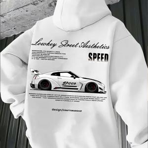 TEMU 남성용 레이싱카 그래픽 후드티 - JDM & Motorsport 디자인, 일본어 텍스트와 기하학적 패턴이 돋보이는 캐주얼한 오토모티브웨어. 봄/가을에 착용하기 좋은 속도감과 레이싱카 프린트가 있는 정사이즈 후드집업. Speed Streaks 무늬로 제작된 이번 아이템은 s 이벤트나 데일리룩으로 완벽합니다. 블랙색상