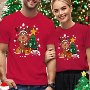 TEMU 커플 매칭 크리스마스 루돌프 & 썰매 프린트 티셔츠 - 그와 그녀를 위한 파티 의상, 소프트 라운드넥 반팔 캐주얼 티, 순록 & 눈송이 디자인, 사계절 편안한 핏 (남성 & 여성) - 크리스마스 & 새해 전야에 이상적인 선물, 페스티브 기하학 패턴, 세탁기 사용 가능, 캐주얼 복장에 적합한 편안한 핏, 커플 매칭 의상|커플룩