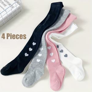 TEMU 4팩 '하트 패턴 타이츠 - 부드러운 베이지, 사계절용 레깅스, 발목 & 종아리 하트 디자인, 4가지 색상 (블랙, 그레이, 핑크, 화이트) 학교 교복, 캐주얼 & 데일리 웨어 - 멀티 레이어 하트 디자인 타이츠