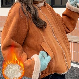 TEMU 여성용 우아한 인조 모피 재킷 - 지퍼 클로저가 있는 두꺼운 겨울 코트, 가을 & 겨울용 긴소매 캐주얼 아우터, 브라운레드/, 세탁기 사용 가능한 추운 날씨 재킷, 겨울 재킷, 시즌 패션, 스타일리시한 아우터, 튼튼한 원단