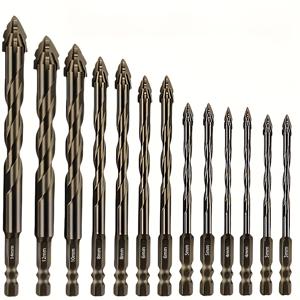 TEMU 13피스 헤비듀티 하드 합금 드릴 비트 세트 - 4날 톱니형 드릴 비트, 헥스 샹크 & 직선 슬롯, 건식 드릴링용 (물 없음) - 날카로운 석공, 콘크리트, 유리, 대리석, 돌, 스테인리스 스틸 & 드라이월 드릴링 키트 (전문가용)