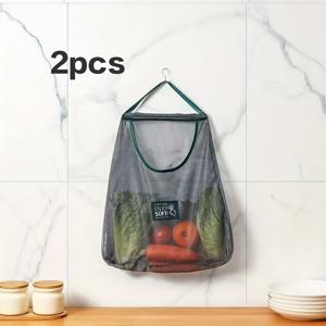 TEMU 2개 세트 메쉬 과일 야채 보관백 - 튼튼한 과일 및 채소 정리용 통기성 메쉬 & 걸이 고리, 벽/캐비닛/샤워실 문 걸이형 마늘, 생강, 허브, 양파 보관용 - 재사용 가능한 주방 팬트리 정리함 (No