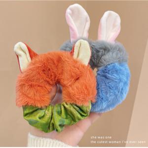 TEMU 2개 귀여운 토끼 & 여우 플러시 머리끈 - 부드러운 핑크 & 브라운 동물 귀와 표현력 있는 눈, 여성용 탄성 헤어 밴드, 2025년 신상 스타일, 장난기 넘치는 디자인, 튼튼한 헤어밴드
