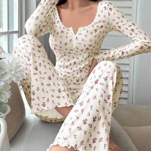 TEMU 여성용 가을/겨울 플로럴 긴팔 파자마 세트 - 캐주얼 패션 홈웨어 또는 아우터웨어|잠옷|파자마