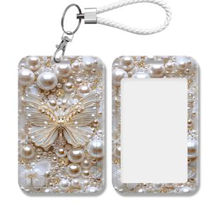 TEMU 펄 골드 라인스톤 카드 홀더 (목걸이형) - 간편 휴대 ID (간호사, 의사, 교사, 사무실, 학교용) - 신용카드, 은행 카드, 버스 티켓 호환 - 출퇴근 버스 카드 케이스, 신학기 학생 배지 홀더