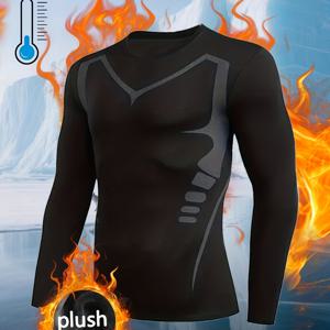 TEMU 남성용 보온 속건성 두꺼운 플리스 컴프레션 셔츠 | 고급 프린트, 컴프레션 핏 피트니스 탑, 다양한 스포츠 베이스 레이어로 적합, 가을 & 겨울 크루넥 속건성 피트니스 베이스 레이어