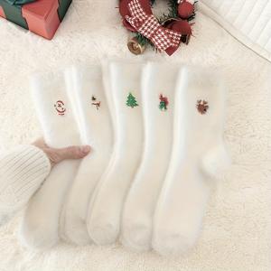 TEMU 5켤레 미디 레그 양말 - 크리스마스 자수 푹신한 겨울 기모 두꺼운 따뜻한 플로어 양말 귀엽고 달콤하고 편안한 가산 양말 미디 레그 양말