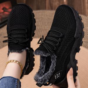 TEMU 여성용 플러스 사이즈 겨울 플리스 스니커즈 - 풀 그립 트랙션 디자인, 미끄럼 방지 밑창, 블랙 및 화이트 색상으로 제공, 추운 날씨 및 야외 산책에 적합 (와이드 버전 제공), 겨울 스포츠에 완벽.|운동화|여성운동화