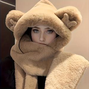 TEMU 여성용 3피스 겨울 베어 플러시 모자, 스카프 & 장갑 세트 - 인조 토끼 털 같은 부드러움, 방풍 보온 베이지/카키/그레이/핑크 아우터, 추운 날씨에 적합한 탄력적 핏, 손세탁 가능한 포근한 선물