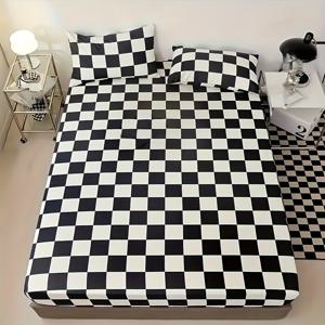 TEMU 클래식 블랙 앤 화이트 케이스 피트 시트 세트 2/3개, 미끄럼 방지 매트리스 프로텍터, 레이싱 플래그, 체커보드 체크무늬 프린트 패턴 세트, 부드럽고 편안한 침실 침구 장식, 매트리스 보호 커버