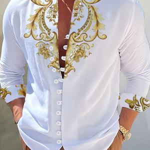 TEMU 남성용 캐주얼 롱 슬리브 만다린 칼라 셔츠 - 골든 플로럴 프린트, 버튼업 레귤러 핏 올시즌 기계 세탁 가능 탑, 우아한 의상, 비침 방지 원단