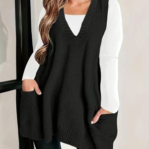 TEMU 플러스 사이즈 여성용 솔리드 컬러 더블 포켓 스웨터 베스트