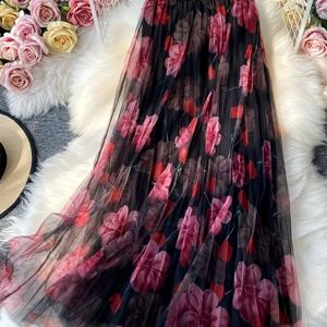 TEMU 여성용 플로랄 프린트 하이웨이스트 주름 A라인 스커트 - 네이비 블루 & 레드 꽃무늬, 캐주얼 및 포멀웨어에 어울리는 올시즌 밴더 허리 튤 스커트, 귀여운 스타일링 가능, 비침 방지 원단