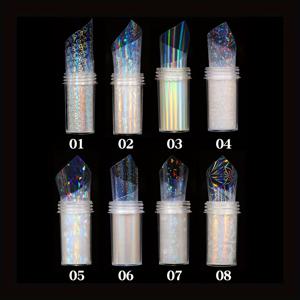 TEMU 네일 아트를 위한 눈부신 오로라 아이스 블록 유리 종이, 레이저 장식, 투명한 별하늘 스티커가 포함된 8가지 색상 세트로, DIY 하트 전사 데칼에 사용할 수 있습니다.