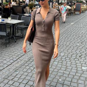 TEMU 여성용 우아한 넥 버튼 반팔 리브 슬릿 롱 드레스