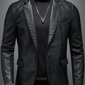 TEMU 남성용 가볍고 부드러운 인조 가죽 재킷 (봄/가을), 한국 스타일, 정장 칼라 비즈니스 캐주얼, 트렌디한 인조 가죽 코트