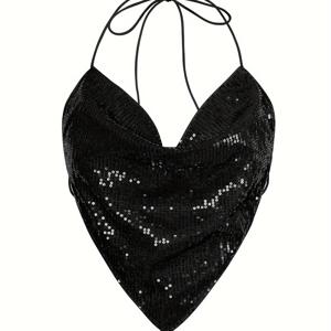 TEMU 스코모콘롤리자자 여성용 홀터넥 세퀸 카미 탑 - 폴리에스터와 엘라스테인 블렌드, 약간의 스트레치가 있는 V넥, 백 타이 디테일, 단색, 봄/여름/가을용 니트 원단 탱크 탑