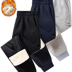 TEMU 남아용 가을/겨울용 두꺼운 기모 안감 따뜻한 롱 팬츠 3종 세트, 클래식 단색 다용도 캐주얼 테이퍼드 스웨트팬츠, 데일리 야외 조깅 및 스포츠, 야외 활동에 적합