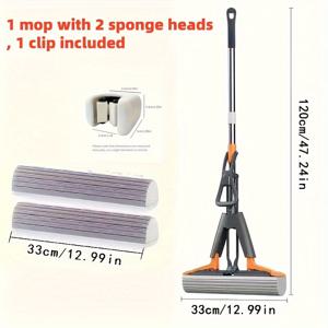 TEMU 4-팩 2024 업그레이드 스펀지 몹 세트, 수동 짜내기 롤러 몹, 스펀지 헤드 2개, 스테인리스 스틸 손잡이, 거실, 침실, 욕실, 주방에 다용도, 스냅 패스너 포함