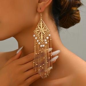 TEMU 아름다운 스타일의 꽃 무늬와 인공 진주 및 빈 체인 술 장식이 달린 귀걸이 한 쌍으로, 여성의 일상 파티 선물로 적합합니다.