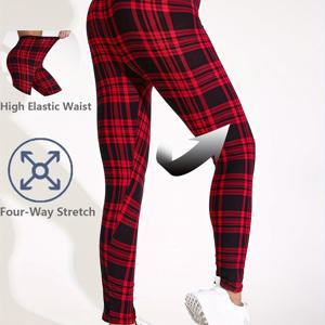 TEMU 여성용 세련된 블랙 레드 플레드 요가 레깅스 하이웨이스트 운동 바지 피트니스 및 운동용