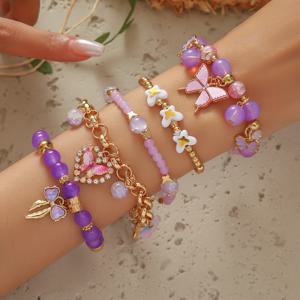 TEMU 스타일 순수 수제 스트링 비즈 나비 러브록 키 펜던트 장식 다층 쌓을 수 있는 컬러풀 유리 구슬 탄력 팔찌 세트, 패션 반짝이는 여성용 핸드 체인 주얼리 세트, 일상 및 모든 행사에 적합하며 데이를 위한 그녀에게 완벽한 선물로도 매우 적합합니다