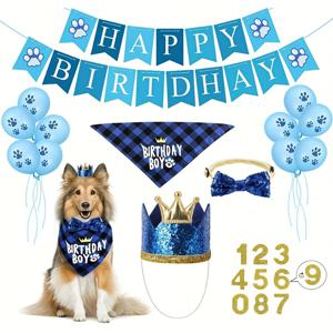 TEMU 강아지 생일 파티 용품 세트 (생일 모자, 스카프, 귀여운 강아지 보우 타이, 배너, 풍선 포함). 소형견부터 중형견까지 사용 가능하며 강아지 생일 파티 장식에 완벽합니다.