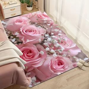TEMU -1개 핑크 장미 러그 - 폴리에스터 소재, 세탁기 사용 가능, 현관, 복도, 욕실, 침실, 거실, 세탁실 및 주방 바닥 장식에 적합.