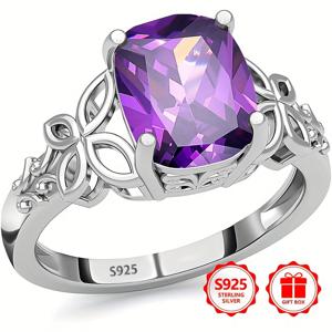 TEMU 우아한 925 스테인리스 실버 나비 반지 | 보라색 합성 큐빅 지르코니아 세트, 저자극성, 어버이날 및 독립 기념일 선물로 이상적, 선물 상자 포함