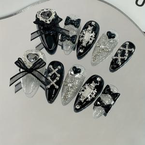 TEMU 핸드메이드 Y2K 스위트 & 쿨 아몬드 프레스온 네일, 글리터 리본, 하트, 십자가 & 라인스톤 - 중간 길이, 블랙 & 클리어 디자인, 트렌디한 매니큐어, 네일 아트 용품