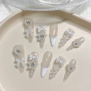 TEMU 하트와 리본 액센트가 있는 우아한 화이트 & 베이지 프레스온 네일 - 제거 가능, 광택 있는 마무리, 결혼식 및 공식 행사에 완벽한 웨딩 네일 | 우아한 네일 디자인 | 광택 있는 마무리 네일