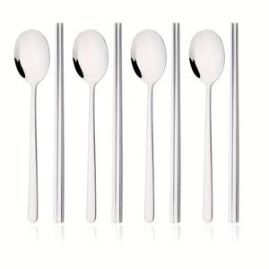 TEMU 8pcs 대형 스테인레스 스틸 여행용 식기 세트 - 4쌍의 젓가락과 4개의 숟가락이 포함되어 있습니다 - 야외 식사에 완벽합니다 - 크리스마스, 할로윈, 부활절, 발렌타인데이, 여행 식사에 이상적인 | 현대 주방 용품 | 내구성 있는 식기, 젓가락 및 숟가락 세트