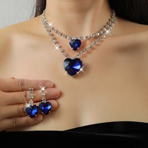 TEMU 울트라 스파클링 럭셔리 오션 하트 여성용 더블 레이어 러브 목걸이 귀걸이 세트, 데이 선물 주얼리 세트 - 일상 착용 및 결혼식 등에 적합
