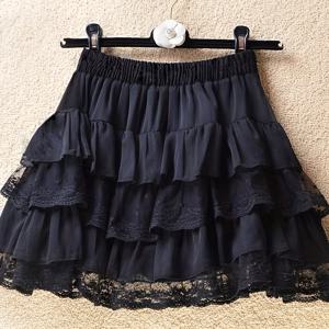 TEMU 여성용 우아한 솔리드 블랙 레이스 러플 A라인 맥시룩 숏 스커트 - 논-스트레치 파티, 웨딩, 프롬 드레스, 층별링된 레이스 헴 & 하이 웨이스트, 구조적으로 탄력 있는 원단의 정장 이벤트용 - 수세만 가능 - 공주풍 퍼프 스커트 (여성) - 컨트라스트 레이스 디테일과 플레어드 헴을 갖춘 사계절형 A 실루엣